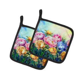 Flowers in Watercolor Pair of Pot Holders (Design: Peonies 1597, size: 7.5HX7.5W)