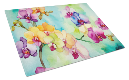 Flowers in Watercolor Glass Cutting Board (Dog Breed: Orchids 1598, size: large)