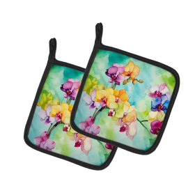 Flowers in Watercolor Pair of Pot Holders (Design: Orchids 1598, size: 7.5HX7.5W)