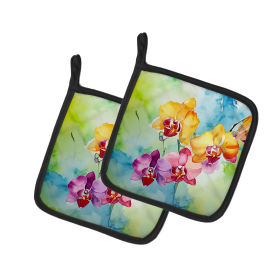Flowers in Watercolor Pair of Pot Holders (Design: Orchids 1599, size: 7.5HX7.5W)