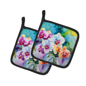 Flowers in Watercolor Pair of Pot Holders (Design: Orchids 1600, size: 7.5HX7.5W)