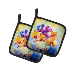 Flowers in Watercolor Pair of Pot Holders (Design: Orchids 1601, size: 7.5HX7.5W)