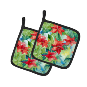 Flowers in Watercolor Pair of Pot Holders (Design: Poinsettias 1602, size: 7.5HX7.5W)