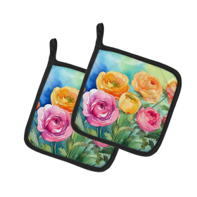 Flowers in Watercolor Pair of Pot Holders (Design: Ranunculus 1603, size: 7.5HX7.5W)
