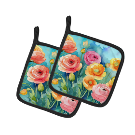 Flowers in Watercolor Pair of Pot Holders (Design: Ranunculus 1604, size: 7.5HX7.5W)