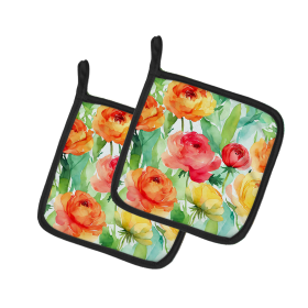 Flowers in Watercolor Pair of Pot Holders (Design: Ranunculus 1606, size: 7.5HX7.5W)