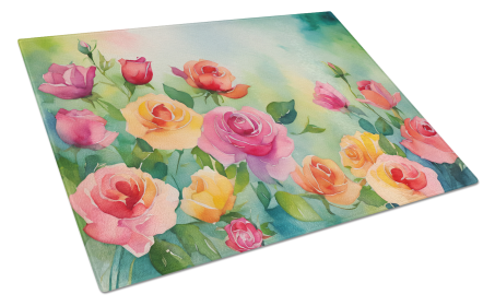 Flowers in Watercolor Glass Cutting Board (Dog Breed: Roses 1607, size: large)