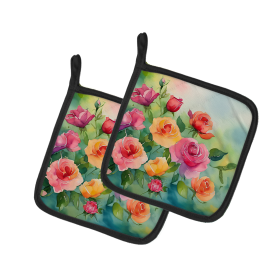 Flowers in Watercolor Pair of Pot Holders (Design: Roses 1607, size: 7.5HX7.5W)