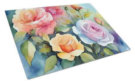 Flowers in Watercolor Glass Cutting Board (Dog Breed: Roses 1608, size: large)