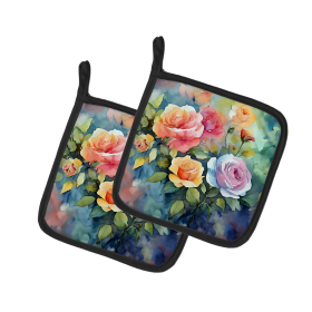 Flowers in Watercolor Pair of Pot Holders (Design: Roses 1608, size: 7.5HX7.5W)