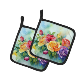 Flowers in Watercolor Pair of Pot Holders (Design: Roses 1609, size: 7.5HX7.5W)