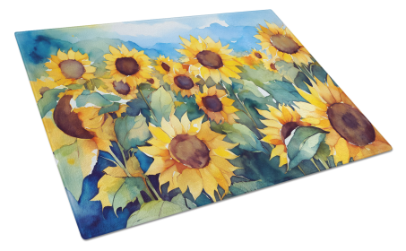Flowers in Watercolor Glass Cutting Board (Dog Breed: Sunflowers 1610, size: large)