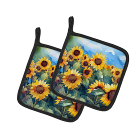 Flowers in Watercolor Pair of Pot Holders (Design: Sunflowers 1610, size: 7.5HX7.5W)