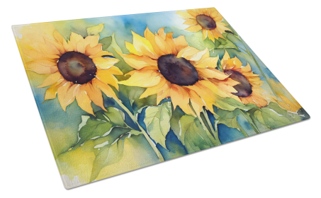 Flowers in Watercolor Glass Cutting Board (Dog Breed: Sunflowers 1611, size: large)