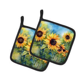 Flowers in Watercolor Pair of Pot Holders (Design: Sunflowers 1611, size: 7.5HX7.5W)