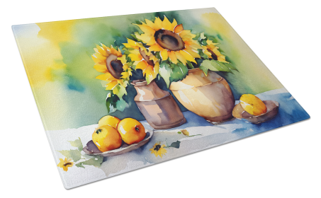 Flowers in Watercolor Glass Cutting Board (Dog Breed: Sunflowers 1612, size: large)
