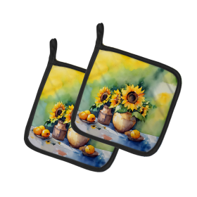 Flowers in Watercolor Pair of Pot Holders (Design: Sunflowers 1612, size: 7.5HX7.5W)