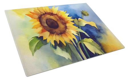 Flowers in Watercolor Glass Cutting Board (Dog Breed: Sunflowers 1613, size: large)