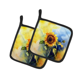 Flowers in Watercolor Pair of Pot Holders (Design: Sunflowers 1613, size: 7.5HX7.5W)