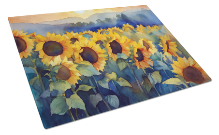 Flowers in Watercolor Glass Cutting Board (Dog Breed: Sunflowers 1614, size: large)