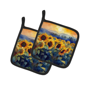 Flowers in Watercolor Pair of Pot Holders (Design: Sunflowers 1614, size: 7.5HX7.5W)