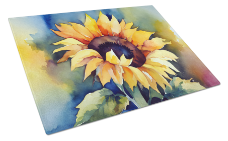 Flowers in Watercolor Glass Cutting Board (Dog Breed: Sunflowers 1615, size: large)