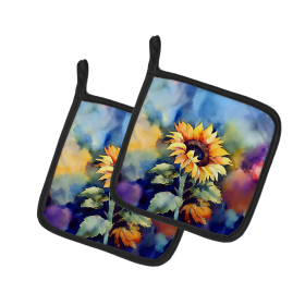 Flowers in Watercolor Pair of Pot Holders (Design: Sunflowers 1615, size: 7.5HX7.5W)