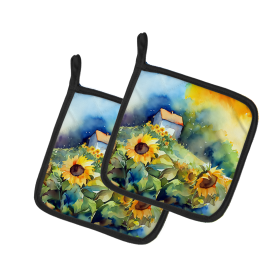 Flowers in Watercolor Pair of Pot Holders (Design: Sunflowers 1616, size: 7.5HX7.5W)