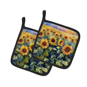 Flowers in Watercolor Pair of Pot Holders (Design: Sunflowers 1617, size: 7.5HX7.5W)