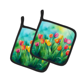 Flowers in Watercolor Pair of Pot Holders (Design: Tulips 1618, size: 7.5HX7.5W)