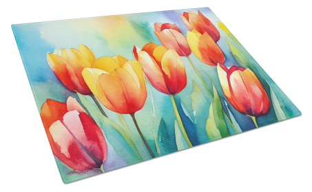 Flowers in Watercolor Glass Cutting Board (Dog Breed: Tulips 1619, size: large)