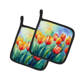 Flowers in Watercolor Pair of Pot Holders (Design: Tulips 1619, size: 7.5HX7.5W)