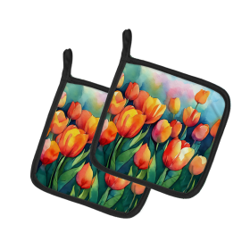 Flowers in Watercolor Pair of Pot Holders (Design: Tulips 1620, size: 7.5HX7.5W)