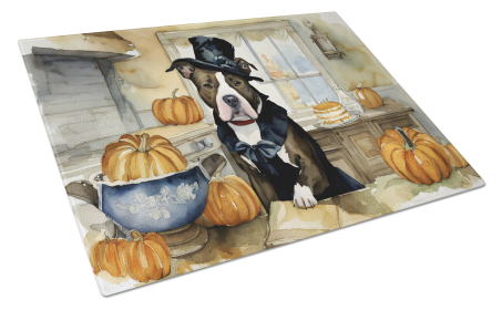 Fall Kitchen Pumpkin Pie Glass Cutting Board (Dog Breed: Pit Bull Terrier 1727, size: large)