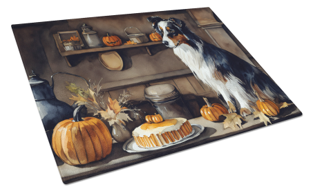 Fall Kitchen Pumpkin Pie Glass Cutting Board (Dog Breed: Australian Shepherd 1728, size: large)