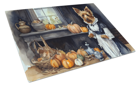 Fall Kitchen Pumpkin Pie Glass Cutting Board (Dog Breed: Australian Terrier 1729, size: large)
