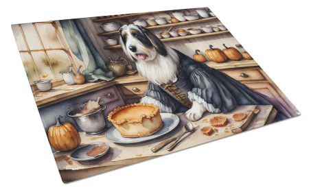 Fall Kitchen Pumpkin Pie Glass Cutting Board (Dog Breed: Bearded Collie 1733, size: large)