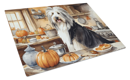 Fall Kitchen Pumpkin Pie Glass Cutting Board (Dog Breed: Bearded Collie 1734, size: large)