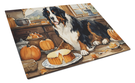 Fall Kitchen Pumpkin Pie Glass Cutting Board (Dog Breed: Bernese Mountain Dog 1738, size: large)