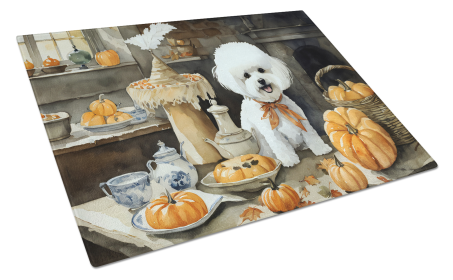 Fall Kitchen Pumpkin Pie Glass Cutting Board (Dog Breed: Bichon Frise 1742, size: large)