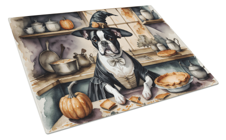 Fall Kitchen Pumpkin Pie Glass Cutting Board (Dog Breed: Boston Terrier 1748, size: large)