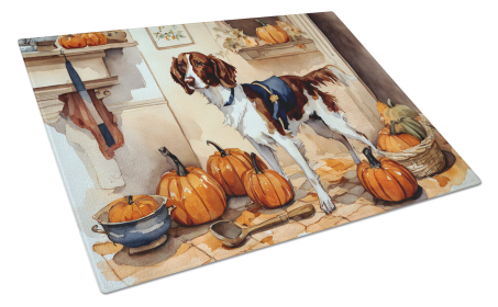 Fall Kitchen Pumpkin Pie Glass Cutting Board (Dog Breed: Brittany 1754, size: large)