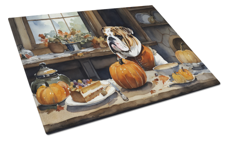 Fall Kitchen Pumpkin Pie Glass Cutting Board (Dog Breed: English Bulldog 1756, size: large)