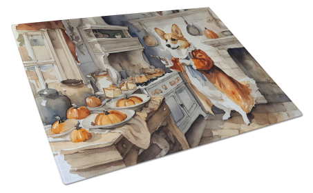 Fall Kitchen Pumpkin Pie Glass Cutting Board (Dog Breed: Corgi 1767, size: large)