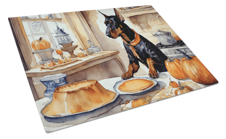 Fall Kitchen Pumpkin Pie Glass Cutting Board (Dog Breed: Doberman Pinscher 1771, size: large)