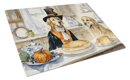 Fall Kitchen Pumpkin Pie Glass Cutting Board (Dog Breed: Golden Retriever 1777, size: large)