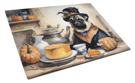 Fall Kitchen Pumpkin Pie Glass Cutting Board (Dog Breed: Pug 1803, size: large)