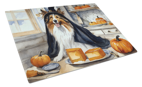 Fall Kitchen Pumpkin Pie Glass Cutting Board (Dog Breed: Sheltie 1813, size: large)