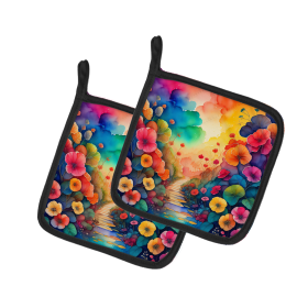 Colorful Flowers Pair of Pot Holders (Design: Begonias 1929, size: 7.5HX7.5W)