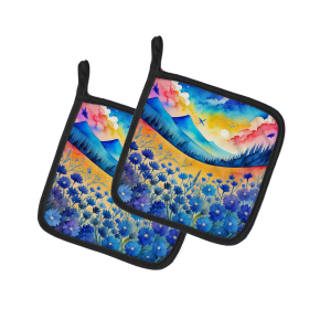 Colorful Flowers Pair of Pot Holders (Design: Blue Cornflowers 1932, size: 7.5HX7.5W)